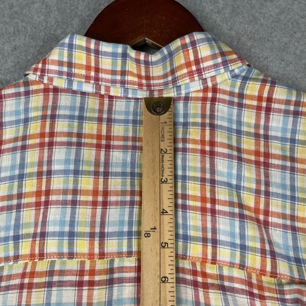 Alan Flusser Linen Blend Shirt Colorful Plaid Pocket Short Sleeve Button Up L